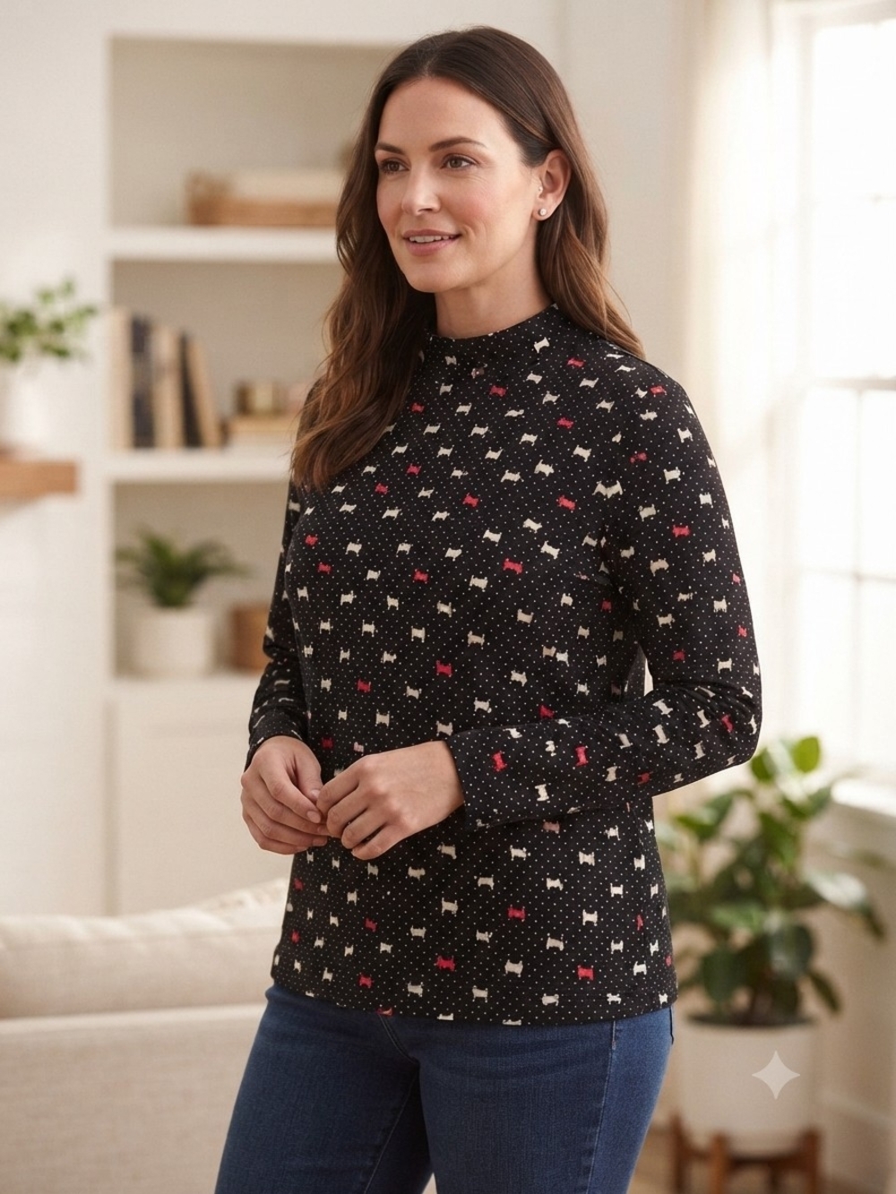 Mock Neck Long-Sleeve Knit Top in Black with Dog Print